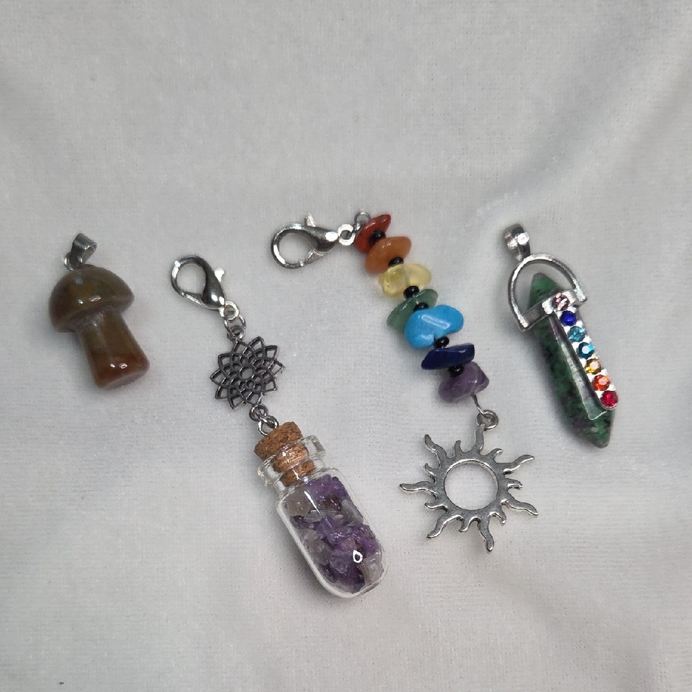 Lot of 4 Gemstone Pendants Zipper Pulls Charms Stone Sun Charm Boho Celestial